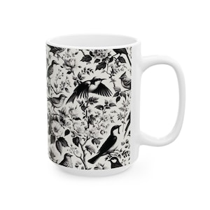 Birds Toile De Jouy Mug, Black Floral Toile De Jouy Coffee Mug, Ceramic Mug, (11oz, 15oz)