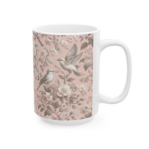 Pink Floral Toile De Jouy Mug, Birds Toile De Jouy Coffee Mug, Vintage Ceramic Mug, (11oz, 15oz)