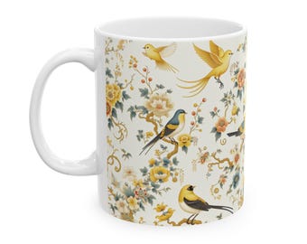Birds Chinoiserie Coffee Mug, Chinoiserie Design Mug, Gift for Bird Lover, Yellow Floral Ceramic Mug, (11oz, 15oz)