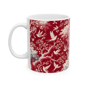 Red Toile De Jouy Mug, Birds Toile De Jouy Coffee Mug, Red Vintage Ceramic Mug, (11oz, 15oz)