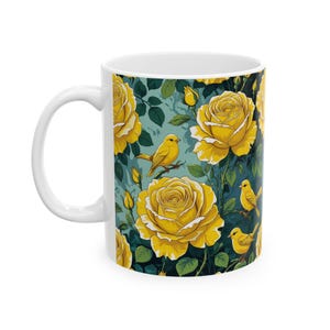 Bird Toile De Jouy Mug, Gift For Bird Lover, Yellow Toile De Jouy Coffee Mug, Ceramic Mug, (11oz, 15oz)