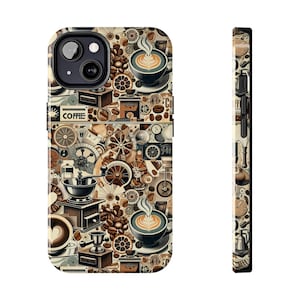May include: A phone case with a colourful design featuring coffee beans, coffee cups, and coffee grinders. The case has a black border and a cutout for the camera lens.