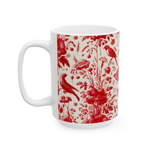 Red Toile De Jouy Coffee Mug, Red Floral Coffee Mug, Ceramic Mug, (11oz, 15oz)