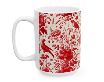 Rot Toile De Jouy Kaffeetasse, rote Blumen Kaffeetasse, Keramikbecher , (11oz, 15oz)