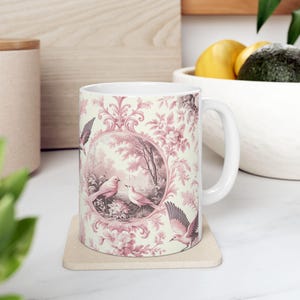 Pink Bird Toile De Jouy Mug, Pink Vintage Mug, Bird Lover Coffee Mug, Ceramic Mug, (11oz, 15oz)