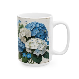 White and Blue Hydrangeas Mug, Floral Coffee Mug, Vintage Ceramic Mug, (11oz, 15oz), Hydrangeas Coffee Mug