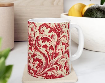 Rote Toile De Jouy Kaffeetasse, Vintage Kaffeetasse, rote Kaffeetasse, Keramikbecher , (11oz, 15oz)
