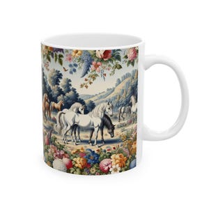 Horse Toile De Jouy Mug, Vintage Horses Coffee Mug, Floral Vintage Mug, Gift for Horse Lover, Ceramic Mug, (11oz, 15oz)