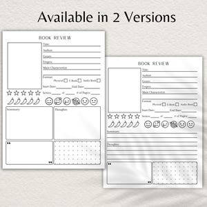 This book review template comes in two versions, one with boxes and the other with lines for your book review summary and thoughts section. Includes space to add the book genre, tropes and main characters. Add favorite quotes and book images.