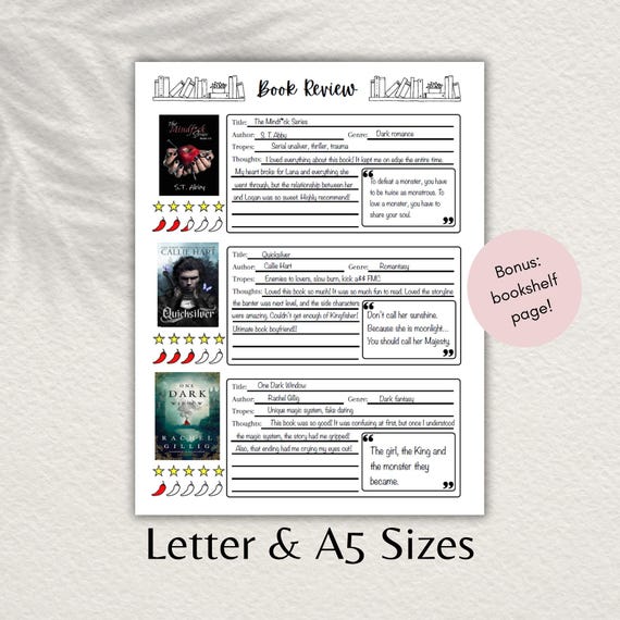 Book Review Template, Printable PDF, Reading Journal, Log, Book Tracker, Spice Rating, Bookshelf Template, Digital Log, Goodnotes