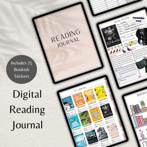 May include: Digital reading journal with a pink and white background. The journal includes 75 bookish stickers and a section for tracking books read with a rating system. The journal also includes a book review section with a sample review for the book "Nocticadia".
