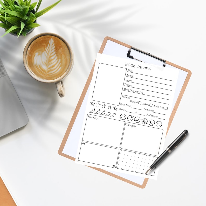 This book review template comes in two versions, one with boxes and the other with lines for your book review summary and thoughts section. Includes space to add the book genre, tropes and main characters. Add favorite quotes and book images.