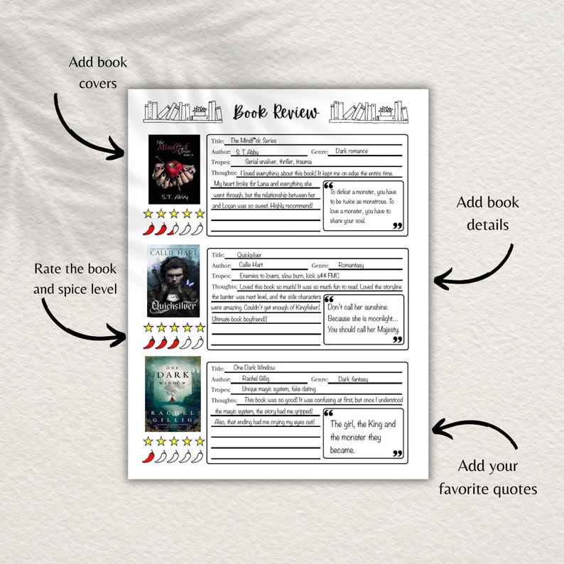 This book review template comes in two sizes, letter and A5 sizes. Track 3 books on one page, include book cover, star rating, spicy level and book details, such as tropes, genre and favorite quotes. Bonus, printable bookshelf.