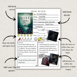 This book review template comes in two versions, one with boxes and the other with lines for your book review summary and thoughts section. Includes space to add the book genre, tropes and main characters. Add favorite quotes and book images.