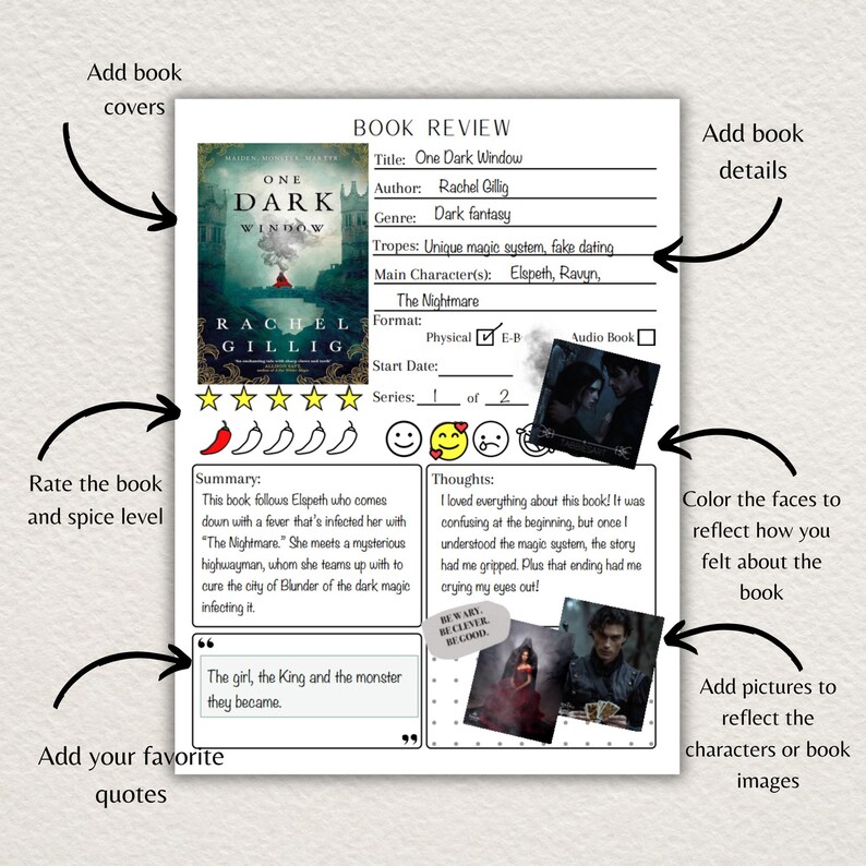 This book review template comes in two versions, one with boxes and the other with lines for your book review summary and thoughts section. Includes space to add the book genre, tropes and main characters. Add favorite quotes and book images.