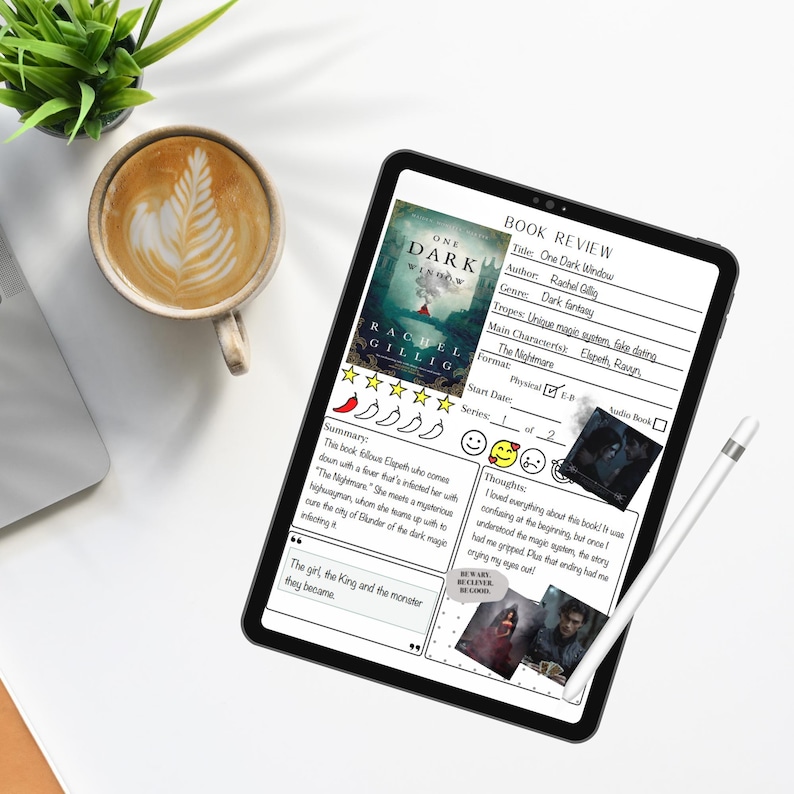 This book review template comes in two versions, one with boxes and the other with lines for your book review summary and thoughts section. Includes space to add the book genre, tropes and main characters. Add favorite quotes and book images.