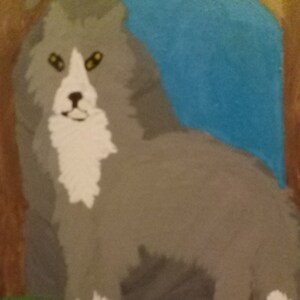 May include: A painting of a gray and white cat with yellow eyes. The cat is sitting on a green background with a blue background behind it.