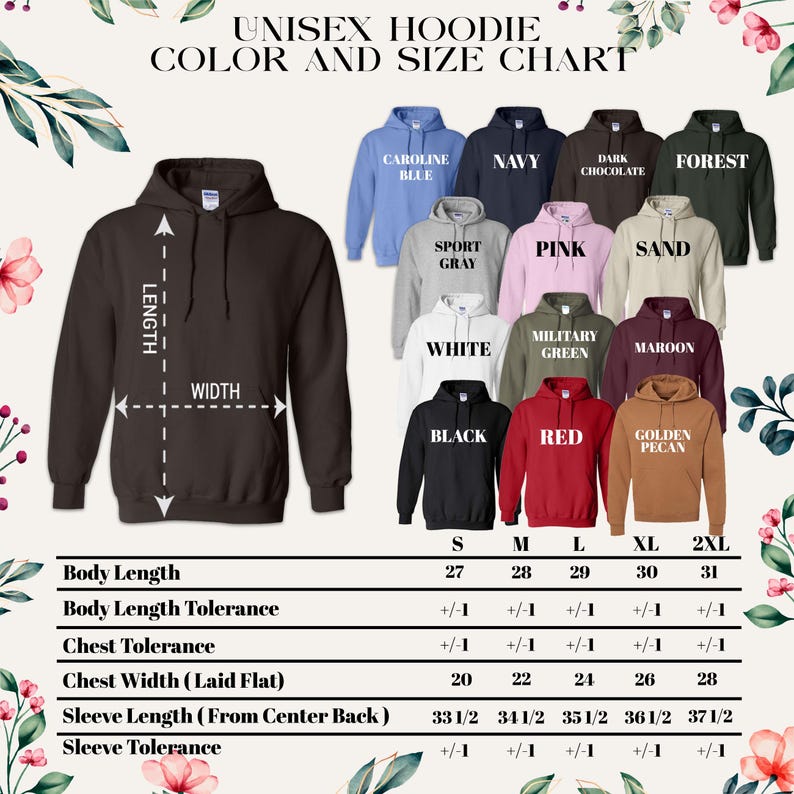 a women's hoodie size chart with the measurements