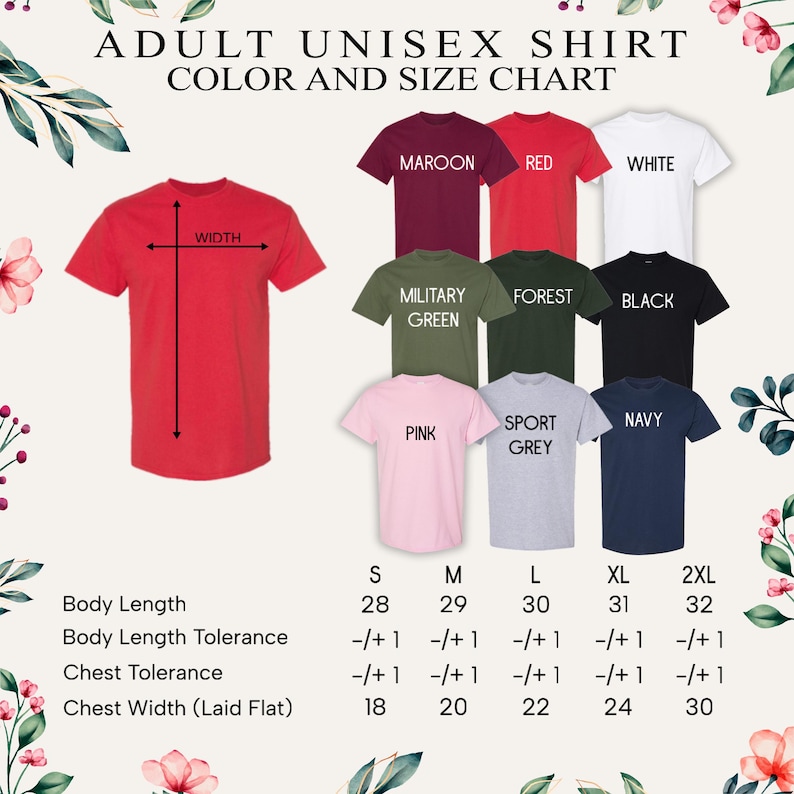 The image is an adult unisex shirt color and size chart, displaying various t-shirt designs in different colors and sizes.