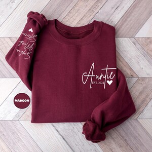 Sudadera personalizada para tía: nombres personalizados para sobrinos y sobrinas, revelación de embarazo imagen 5