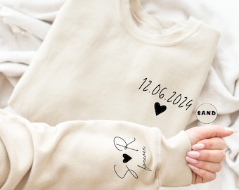 Sudadera personalizada con fecha e iniciales en la manga, sudadera con capucha personalizada para pareja, atuendo para aniversarios, ropa a juego para San Valentín, regalo de boda