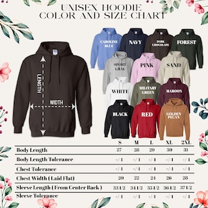 a women's hoodie size chart with the measurements