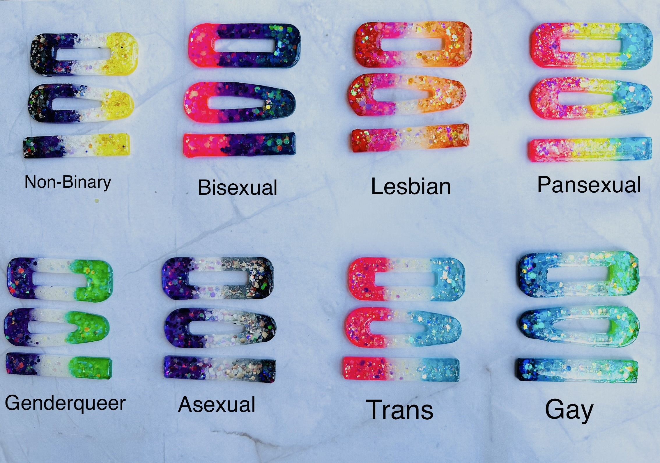 Glow in the dark Pride hair clips, handmade; glitter hair clips;