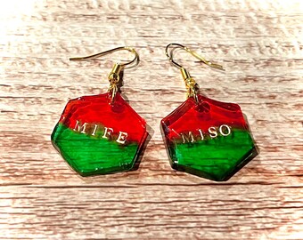Mife and Miso Earrings for Support of Reproductive Rights. Handmade. Holiday edition