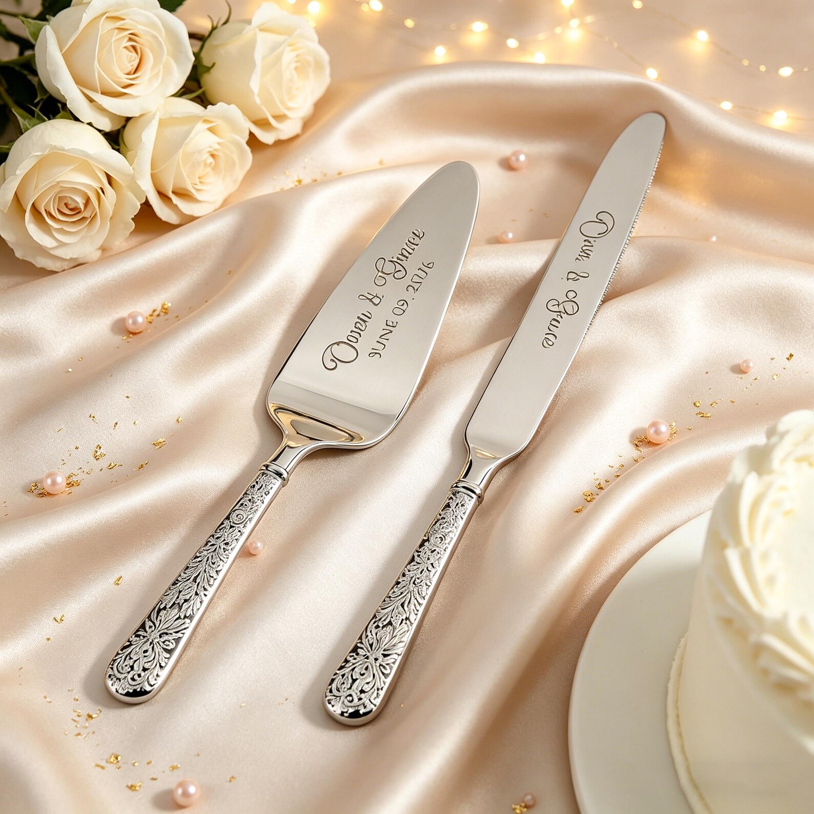 Custom Engraved Wedding Cake Cutting Set, Personalized Names & Date, Timeless Bridal Shower Keepsake, Gift for Newlywed Couple - Silver