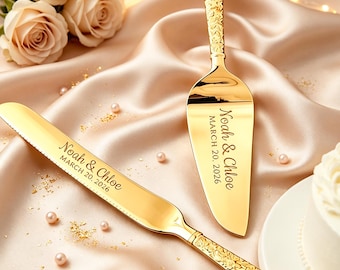 Juego de servir y cortar pastel personalizado y ornamentado, con nombres de la pareja y fecha de boda grabados a medida, cuchillo de servir duradero, regalo de boda/aniversario