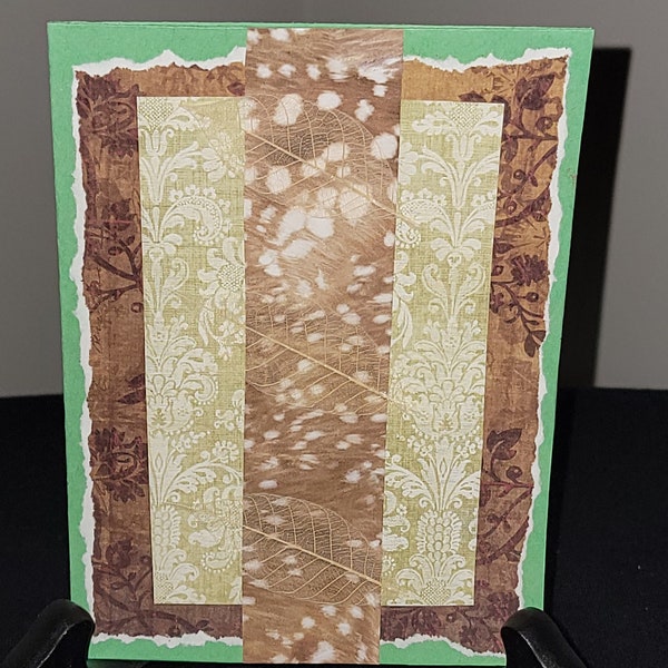 Custom Made Card | Green Rectangle Card | Brown, Burgandy, Soft Green & Spotted Deer Fur Pattern | Sheer Leaf Embellishment