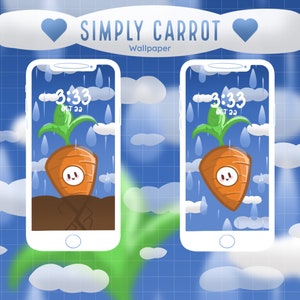 May include: Two white smartphones displaying a cartoon carrot wallpaper. The wallpaper features an orange carrot with a smiling face, green leaves, and raindrops against a blue sky background. The text "SIMPLY CARROT Wallpaper" is at the top.