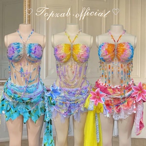 Rave outfits Bead Stone Bra ( Full Set with metallic pareo and Flower Clip ) handmade bikini festival outfits Glass beads bra crystal bra