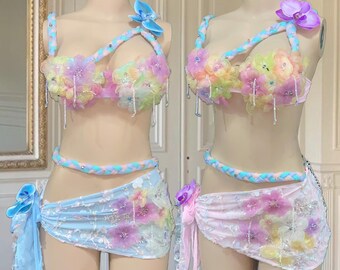 Fairycore Flower Bra & Skirt Set: Pastel Rave Outfit, Ethereal Costume