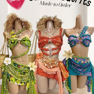 May include: Three mannequins showcase handmade summer outfits. The outfits feature embellished bikini tops, skirts, and accessories. The text "Summer Outfits Made to Order" is displayed above the mannequins. The outfits are in shades of green, orange, and blue.