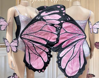 Pink Crystal Butterfly Bodysuit Costume with Butterfly wings for festivals and rave party outfits
