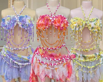 Beaded Bra Outfit Handmade Rave Bikini, Beaded Pareo & Summer Skirt