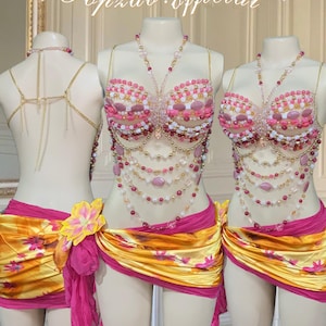 Rave outfits Bead Stone Bra ( Full Set with metallic pareo and Flower Clip ) handmade bikini festival outfits Glass beads bra crystal bra