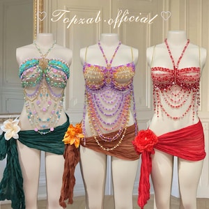 Rave outfits Bead Stone Bra ( Full Set with metallic pareo and Flower Clip ) handmade bikini festival outfits Glass beads bra crystal bra