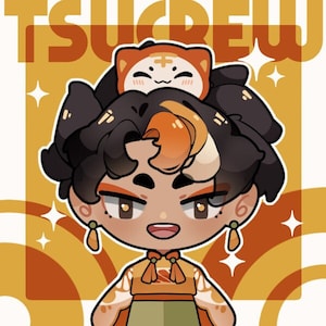 以下が含まれることがあります： オレンジと黒の髪をした人物が、オレンジ色の小さな猫を頭に載せた黄色とオレンジの服を着ている、漫画のイラスト。背景はオレンジと白の渦巻き模様の黄色である。