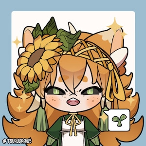 May include: A cartoon illustration of a character with orange hair wearing a sunflower crown and a green dress. The character has green eyes and freckles. The character is holding a speech bubble with a green sprout inside.