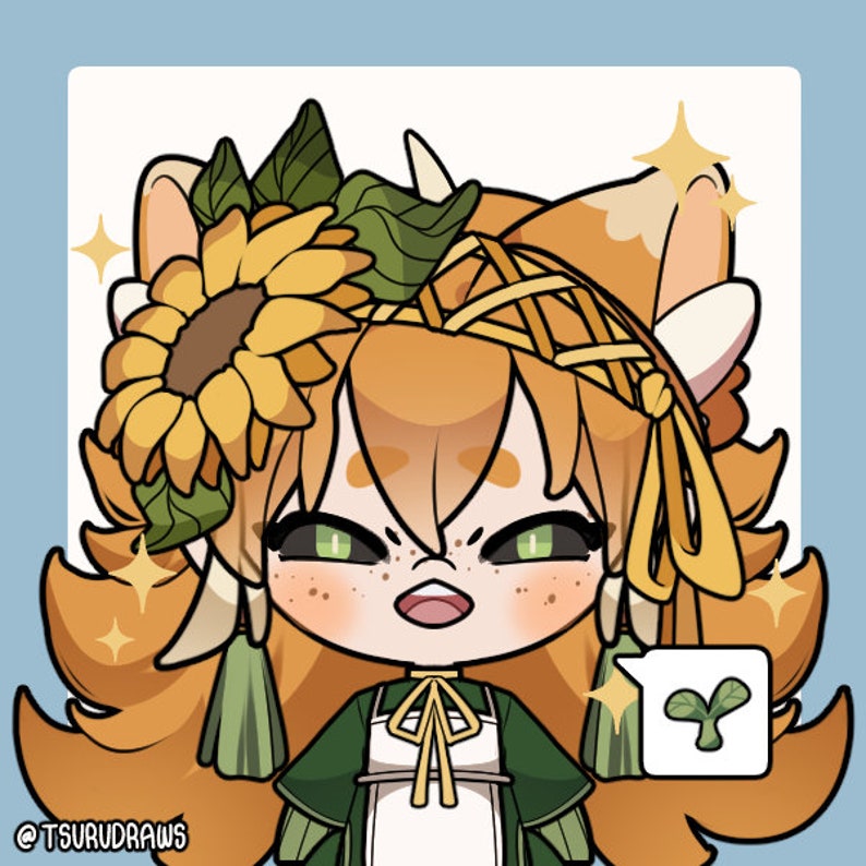 May include: A cartoon illustration of a character with orange hair wearing a sunflower crown and a green dress. The character has green eyes and freckles. The character is holding a speech bubble with a green sprout inside.