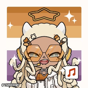 May include: A cartoon illustration of a character with brown skin, wearing a white hat, yellow sunglasses, and a white jacket. The character has white snakes for hair and is holding a music note in a speech bubble. The background is a gradient of orange and purple.