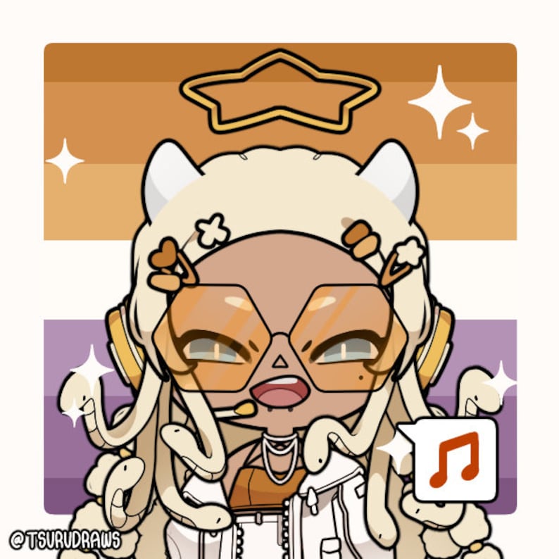 May include: A cartoon illustration of a character with brown skin, wearing a white hat, yellow sunglasses, and a white jacket. The character has white snakes for hair and is holding a music note in a speech bubble. The background is a gradient of orange and purple.