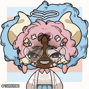 May include: A cartoon illustration of a person with pink and blue hair, wearing heart-shaped glasses, a white shirt, and a blue cardigan. The person has a halo above their head and is decorated with colorful stickers.