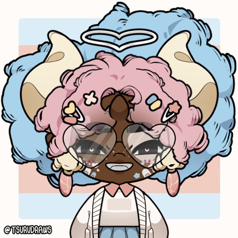 May include: A cartoon illustration of a person with pink and blue hair, wearing heart-shaped glasses, a white shirt, and a blue cardigan. The person has a halo above their head and is decorated with colorful stickers.