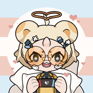 May include: A cartoon illustration of a character with blonde hair, wearing glasses and a halo, holding a video game controller. The character is wearing a yellow and blue outfit and is surrounded by pink hearts.
