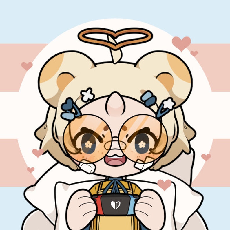 May include: A cartoon illustration of a character with blonde hair, wearing glasses and a halo, holding a video game controller. The character is wearing a yellow and blue outfit and is surrounded by pink hearts.