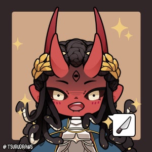 May include: A cartoon illustration of a red-skinned character with horns, a third eye, and black hair styled in braids. The character is wearing a blue and gold outfit and has snakes wrapped around their neck. A speech bubble with a knife inside is next to the character.