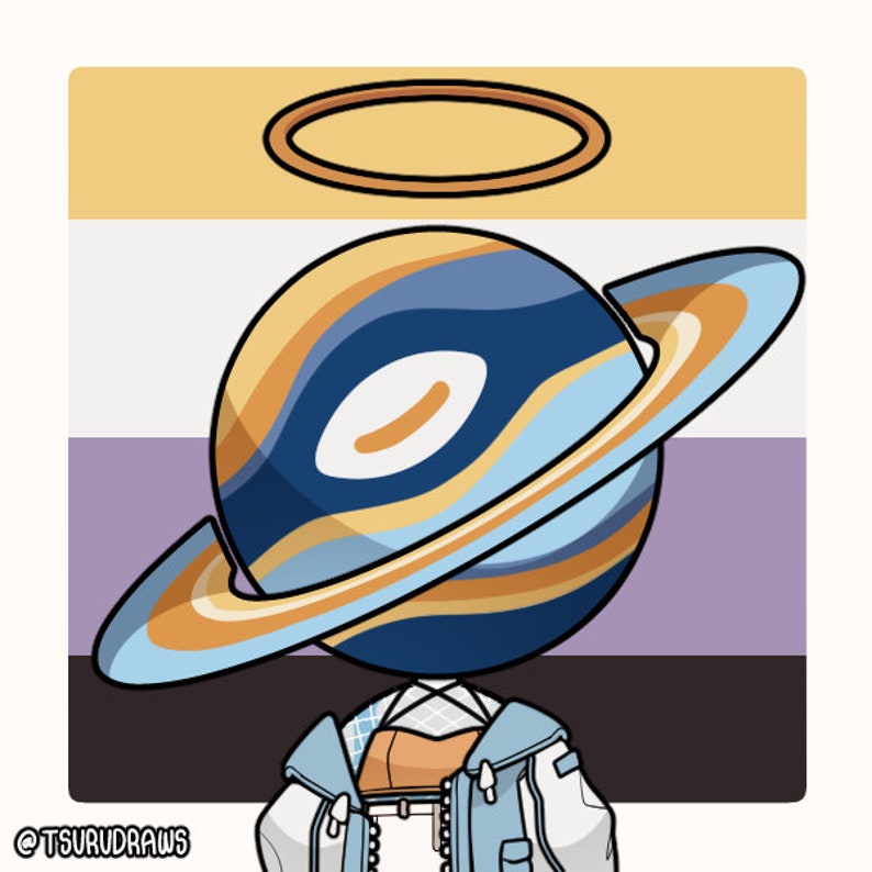 May include: A cartoon illustration of a person with a planet Saturn head wearing a blue and white jacket and a halo above their head. The background is a yellow, white, purple, and black striped flag.
